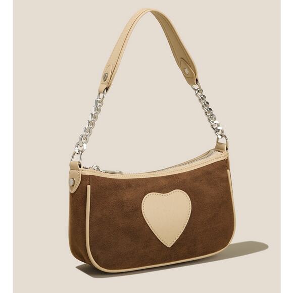 SHEIN Y2K Brown and Tan Heart Baguette Bag Shoulder Bag Silver Chain Strap Purse - Picture 1 of 7